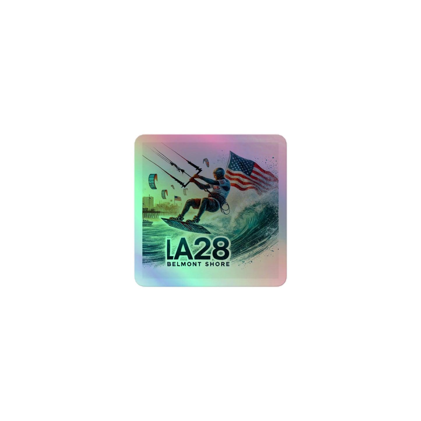 LA28 Kitesurfing Watercolor Design | Belmont Shore Kitesurfing Holographic Stickers