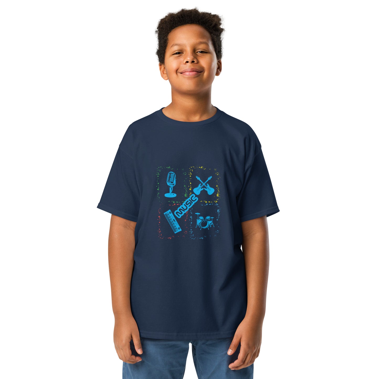 Musical Instruments Colorful Microphone Keyboard Drums Guitar Youth T-shirt