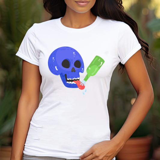 Blue cartoon skull with red tongue drinking from green bottle T-shirt