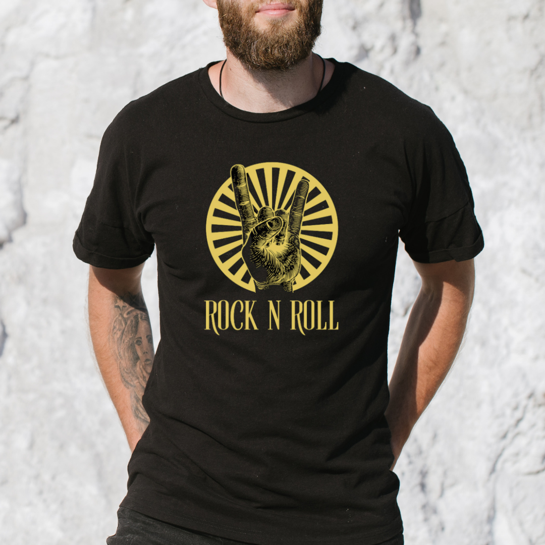 Vintage hand gesture with "Rock N Roll" text in gold rays T-shirt