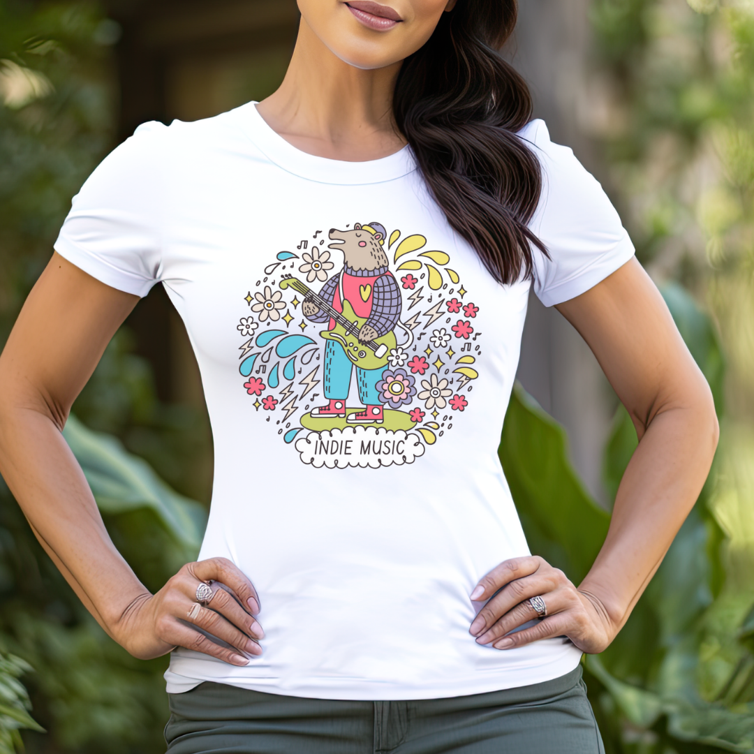 Whimsical Indie Music Bear - Floral Guitar Design T-shirt
