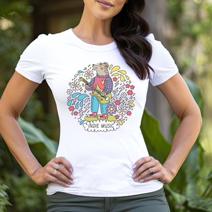 Whimsical Indie Music Bear - Floral Guitar Design T-shirt