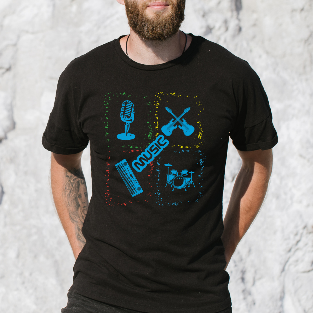 Musical Instruments Colorful Microphone Keyboard Drums Guitar T-shirt