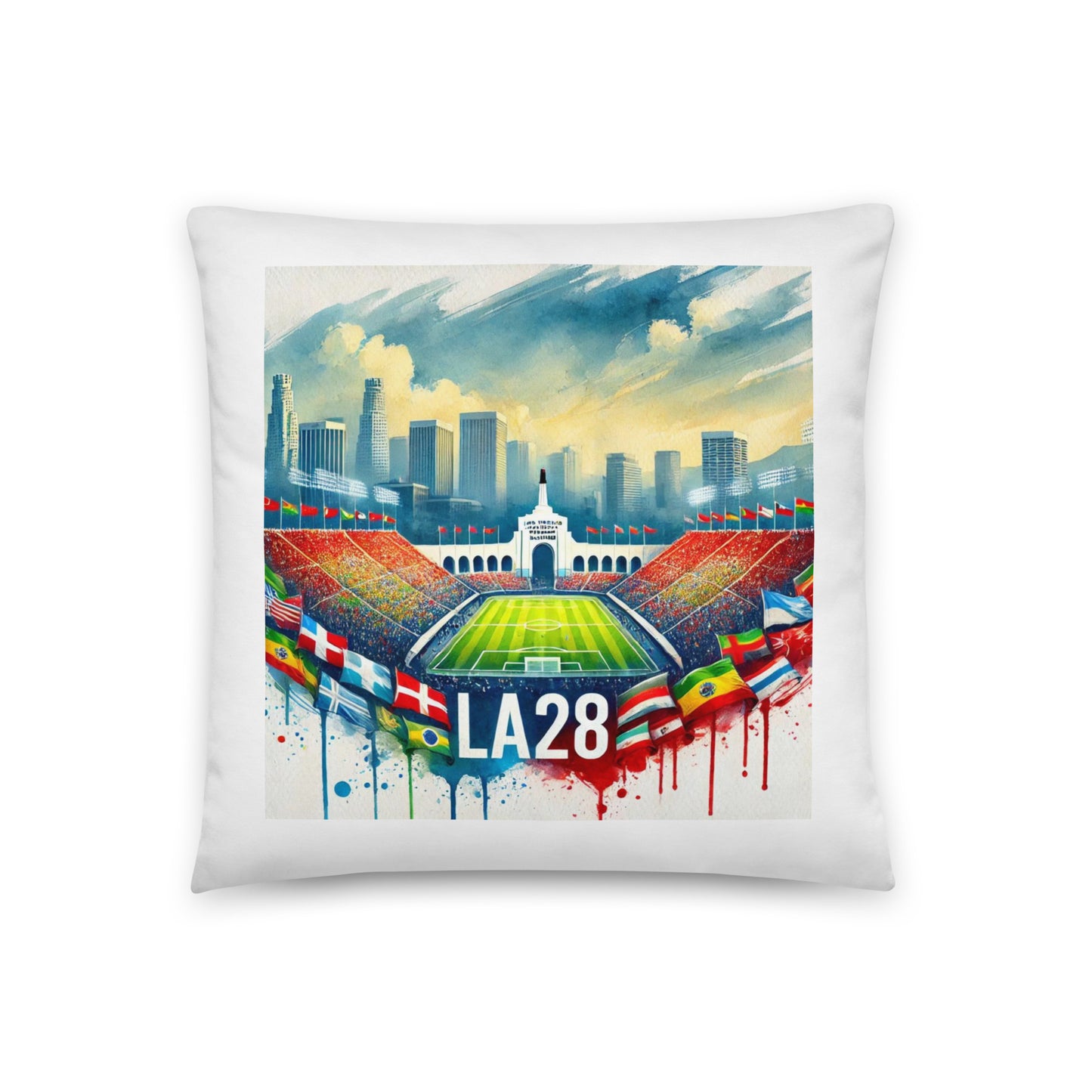 Watercolor Logo Featuring Flags of Nations at Los Angeles Memorial Coliseum Pillow Case