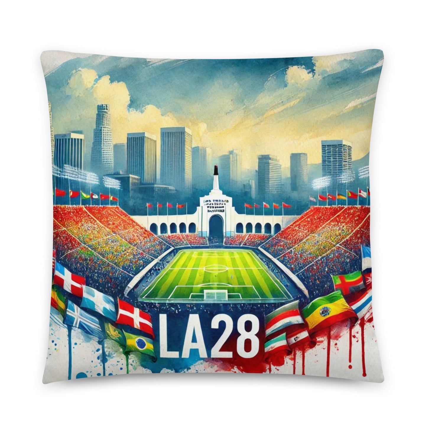 Watercolor Logo Featuring Flags of Nations at Los Angeles Memorial Coliseum Pillow Case