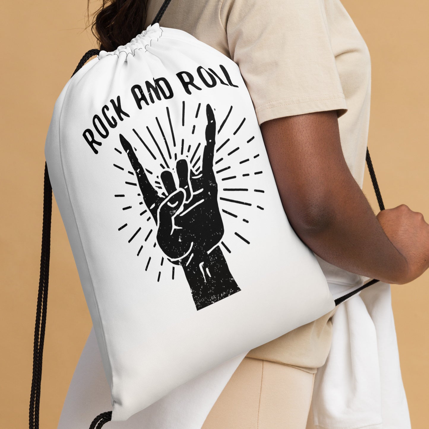 Rock and Roll Hand Drawstring Bag