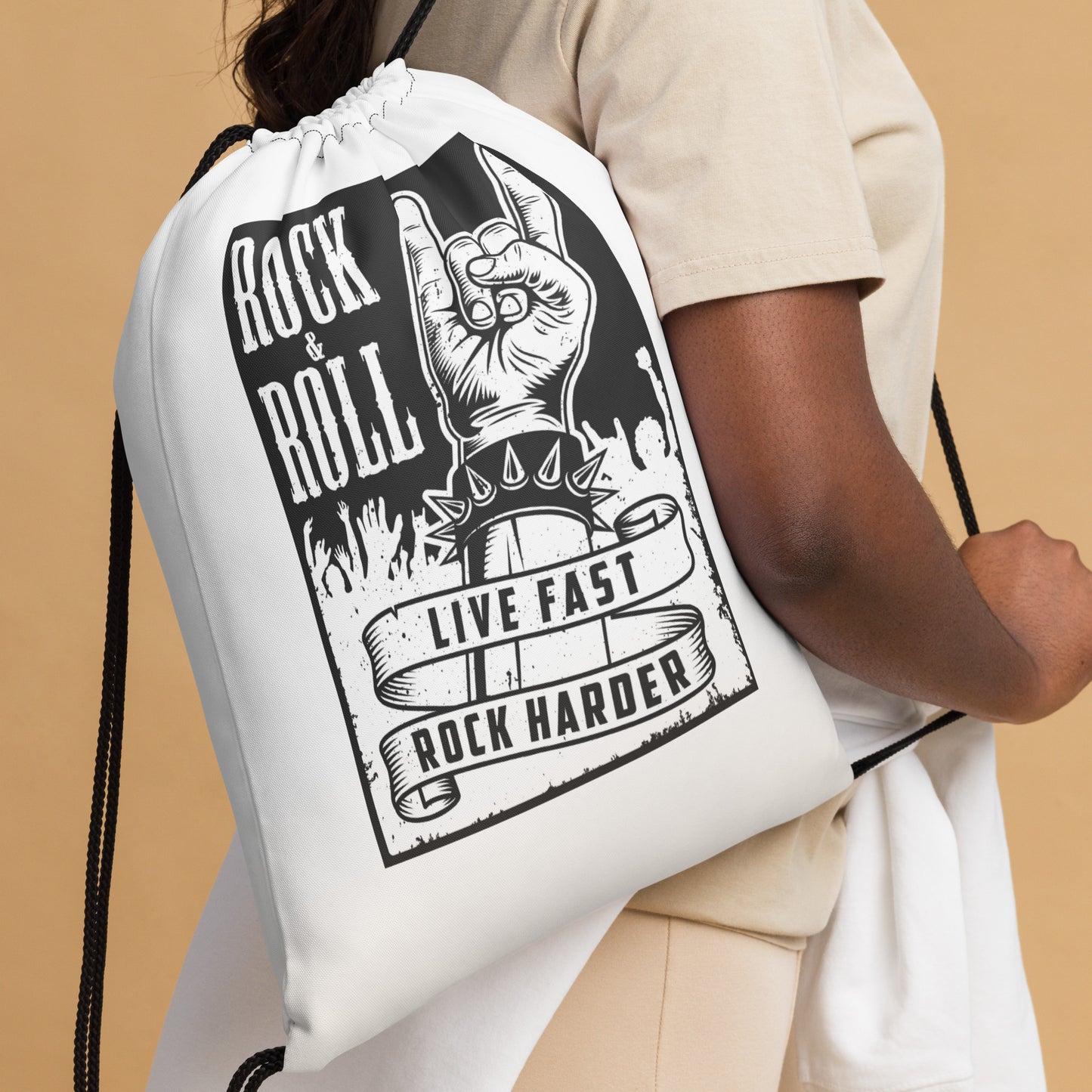Live Fast Rock Harder Drawstring Bag