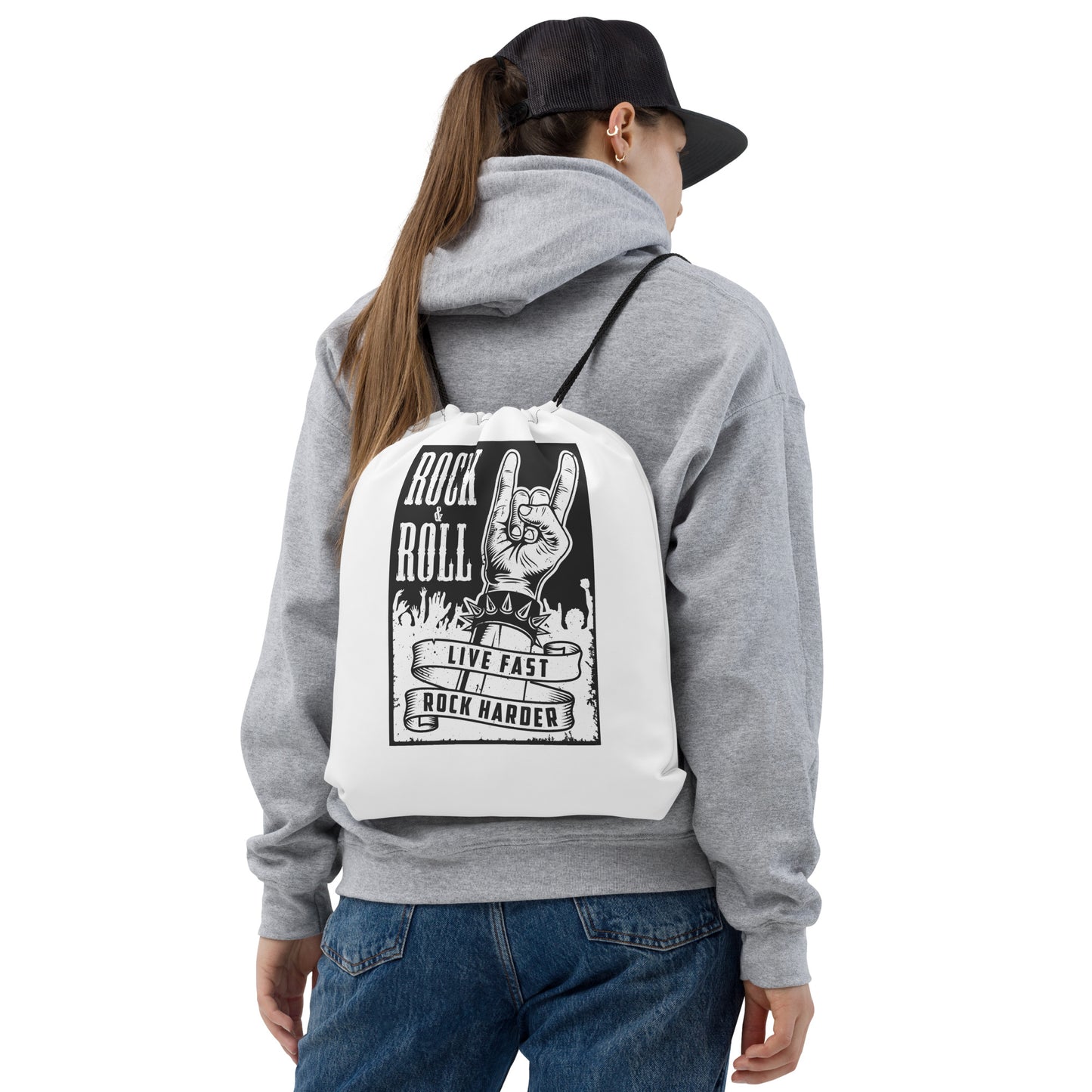 Live Fast Rock Harder Drawstring Bag