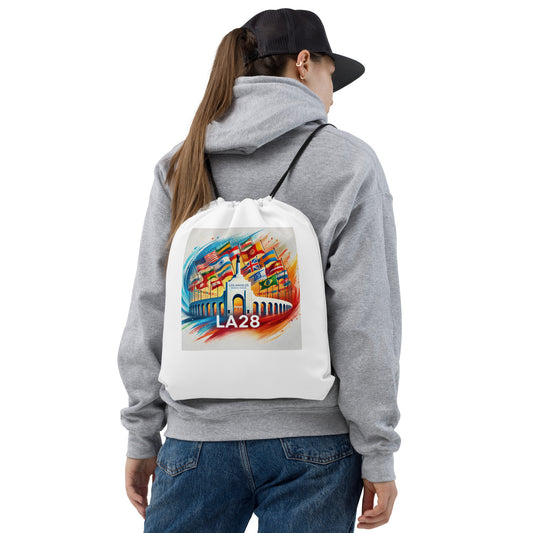 Patriotic LA28 Watercolor Logo Featuring Flags of Nations Drawstring bag
