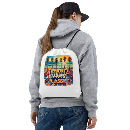 Vibrant Aerial Watercolor Los Angeles Ocean, Beach Scene with LA28 Sign and Live Band Drawstring bag