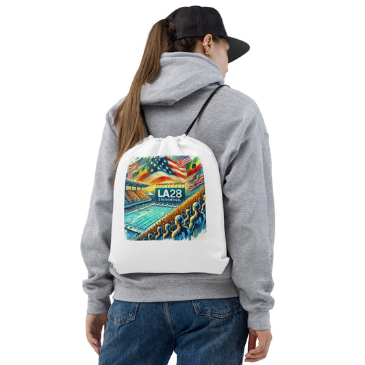 Vibrant Watercolor LA28 Swimming Crowd Logo | Energetic Olympic Swimming Art Drawstring bag