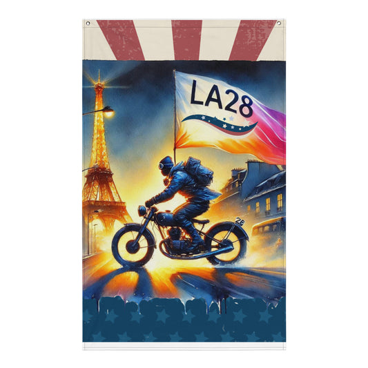 Cruisin to LA28" Vibrant Watercolor Painting – Olympic Spirit with Eiffel Tower Flag
