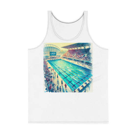 LA28 Swimming Event Watercolor Art Print - Olympic Pool & Crowd Scene Tank Top
