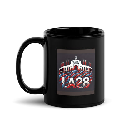 Patriotic LA28 Logo with Los Angeles Memorial Coliseum Outline Black Mug