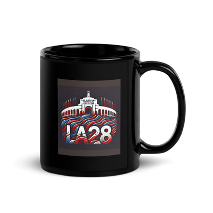 Patriotic LA28 Logo with Los Angeles Memorial Coliseum Outline Black Mug