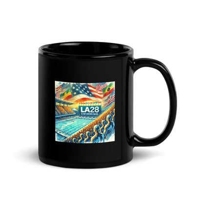 Vibrant Watercolor LA28 Swimming Crowd Logo | Energetic Olympic Swimming Art Black Mug