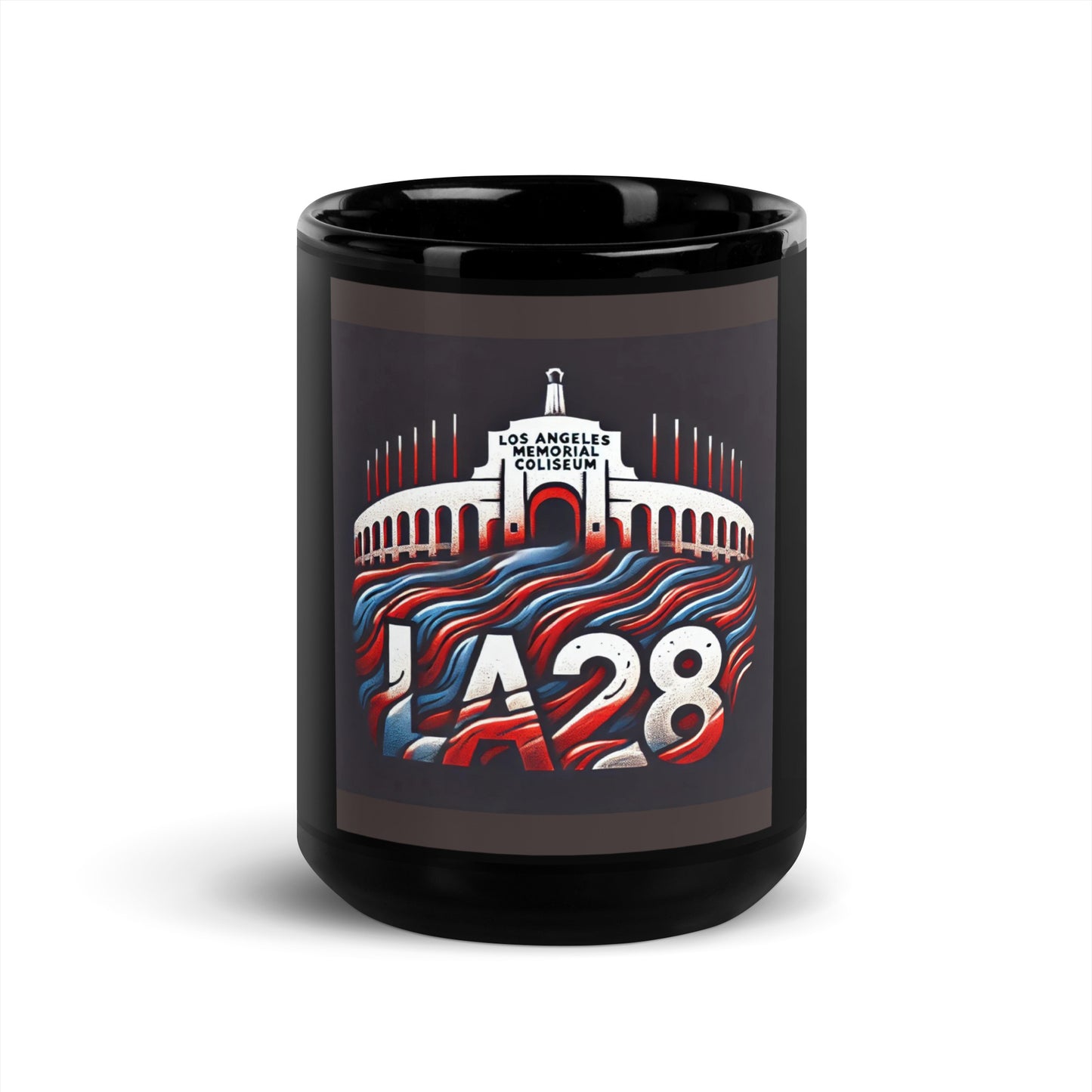 Patriotic LA28 Logo with Los Angeles Memorial Coliseum Outline Black Mug