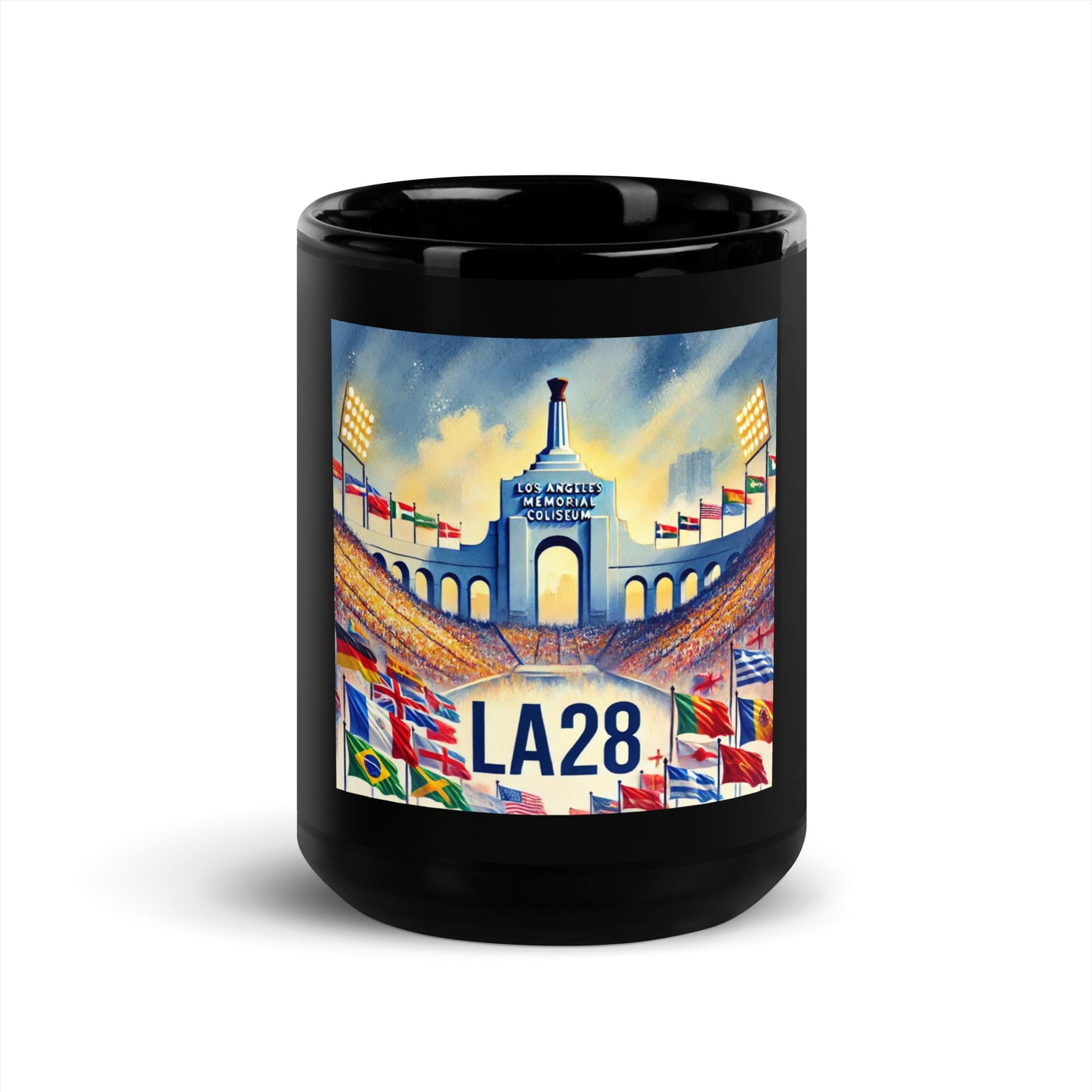 Flags of Nations at Los Angeles Memorial Coliseum LA28 Black Mug
