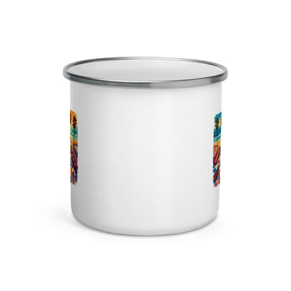 Vibrant Aerial Watercolor Los Angeles Ocean, Beach Scene with LA28 Sign and Live Band Enamel Mug