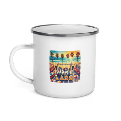 Vibrant Aerial Watercolor Los Angeles Ocean, Beach Scene with LA28 Sign and Live Band Enamel Mug