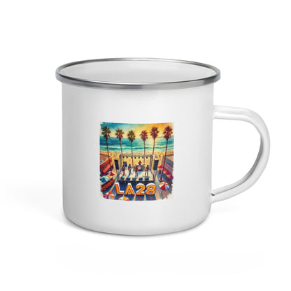 Vibrant Aerial Watercolor Los Angeles Ocean, Beach Scene with LA28 Sign and Live Band Enamel Mug