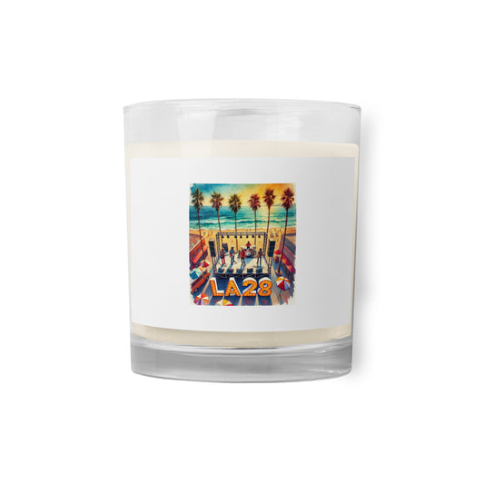 Vibrant Aerial Watercolor Los Angeles Ocean, Beach Scene with LA28 Sign and Live Band Soy Candle