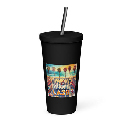 Vibrant Aerial Watercolor Los Angeles Ocean, Beach Scene with LA28 Sign and Live Band Insulated tumbler with Straw