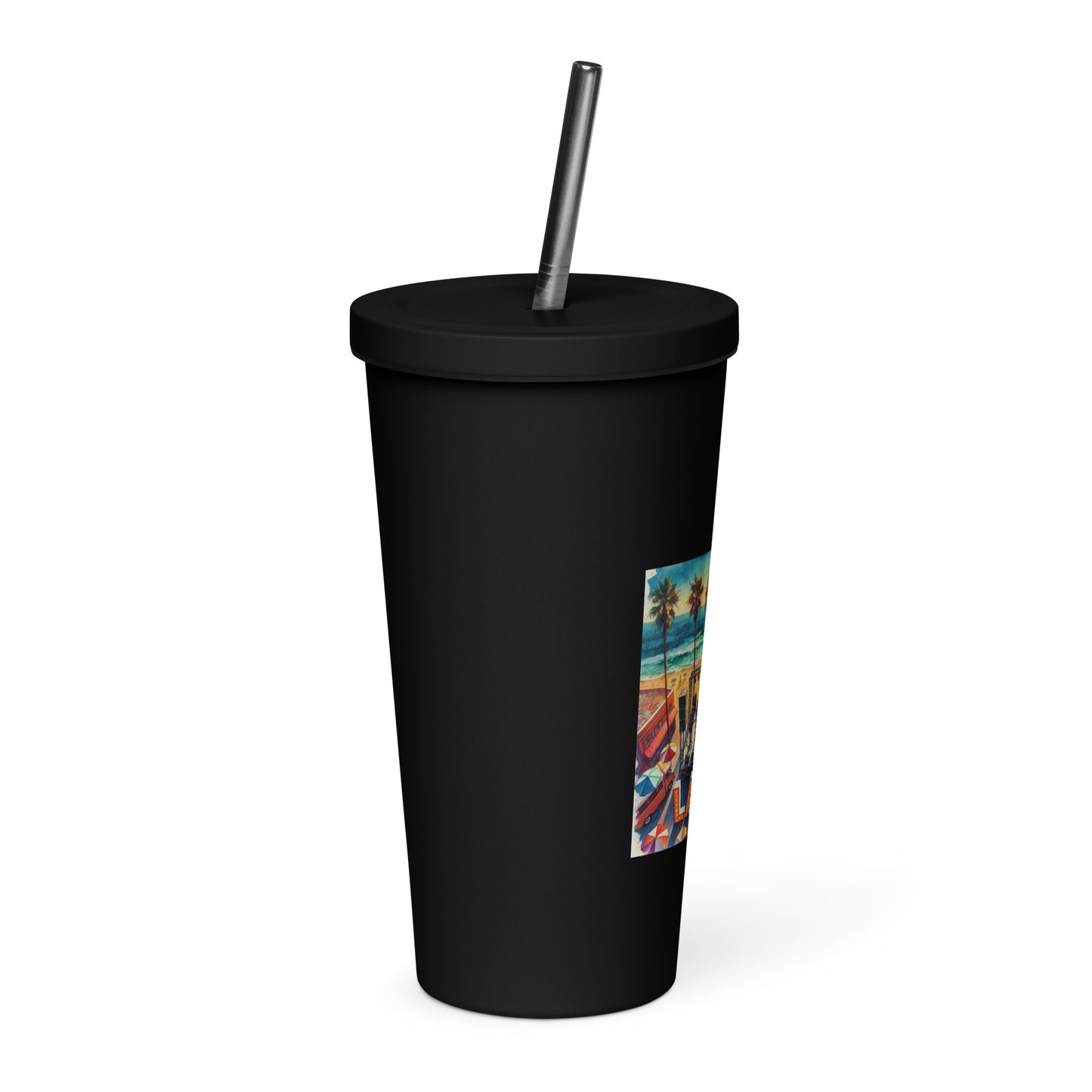 Vibrant Aerial Watercolor Los Angeles Ocean, Beach Scene with LA28 Sign and Live Band Insulated tumbler with Straw