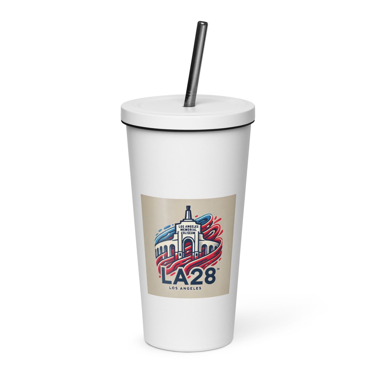 LA28 Logo with Los Angeles Memorial Coliseum Insulated tumbler with Straw