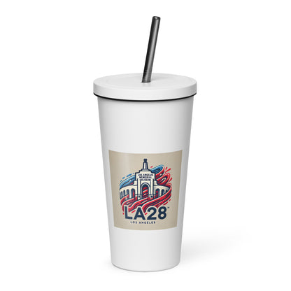 LA28 Logo with Los Angeles Memorial Coliseum Insulated tumbler with Straw