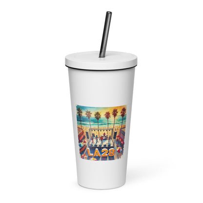 Vibrant Aerial Watercolor Los Angeles Ocean, Beach Scene with LA28 Sign and Live Band Insulated tumbler with Straw