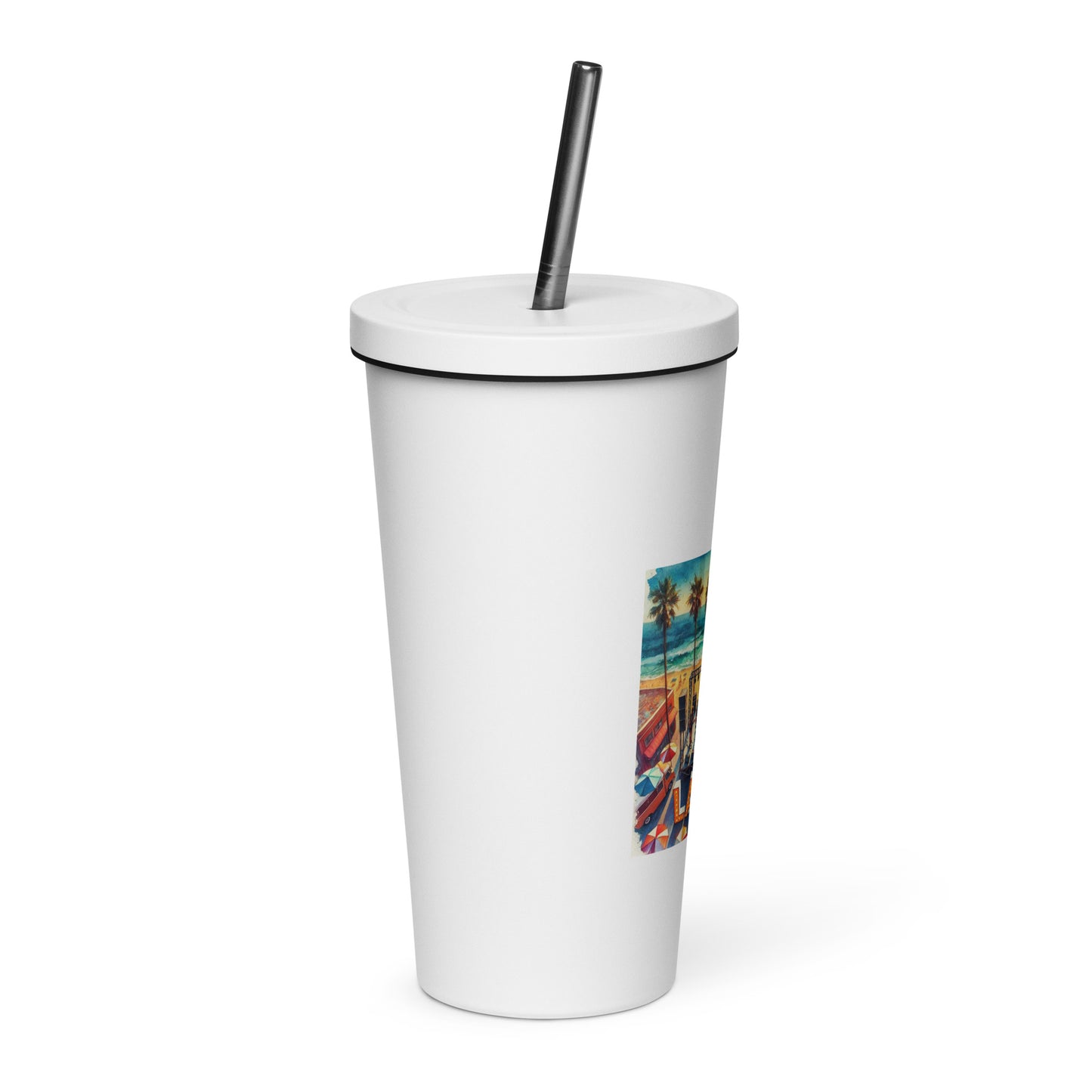 Vibrant Aerial Watercolor Los Angeles Ocean, Beach Scene with LA28 Sign and Live Band Insulated tumbler with Straw