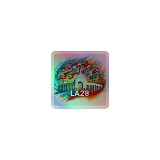 Patriotic LA28 Watercolor Logo Featuring Flags of Nations Holographic Stickers
