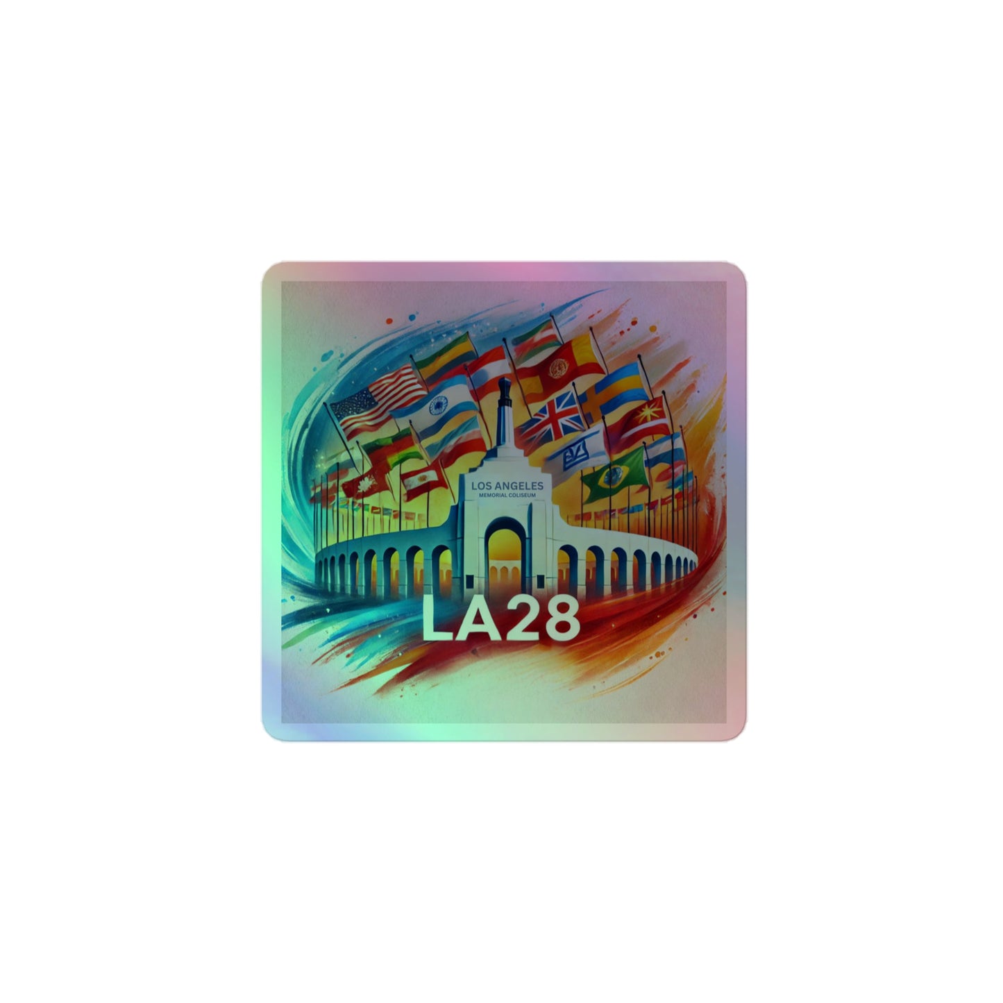 Patriotic LA28 Watercolor Logo Featuring Flags of Nations Holographic Stickers