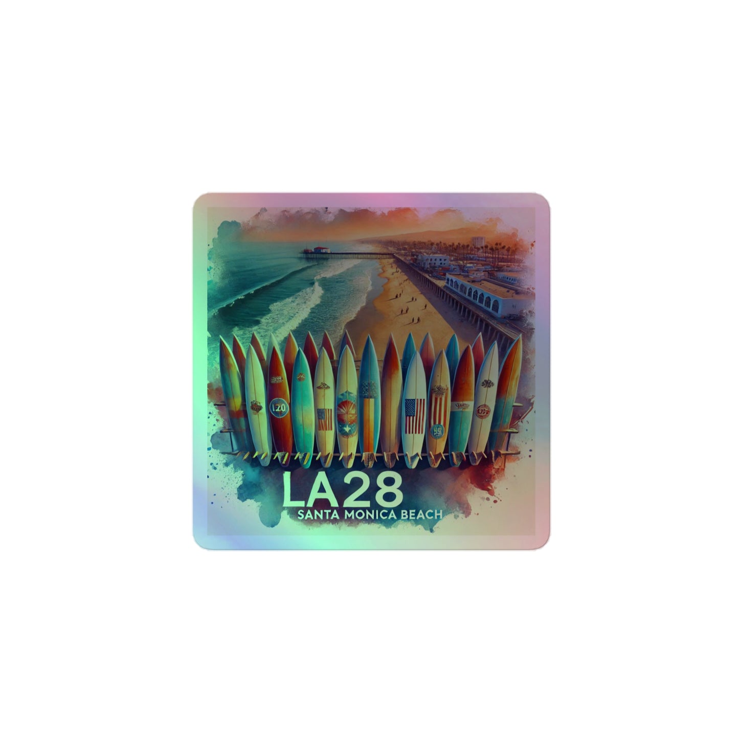Surreal LA28 Surfboard Quiver Art Print - Santa Monica Beach Holographic Stickers