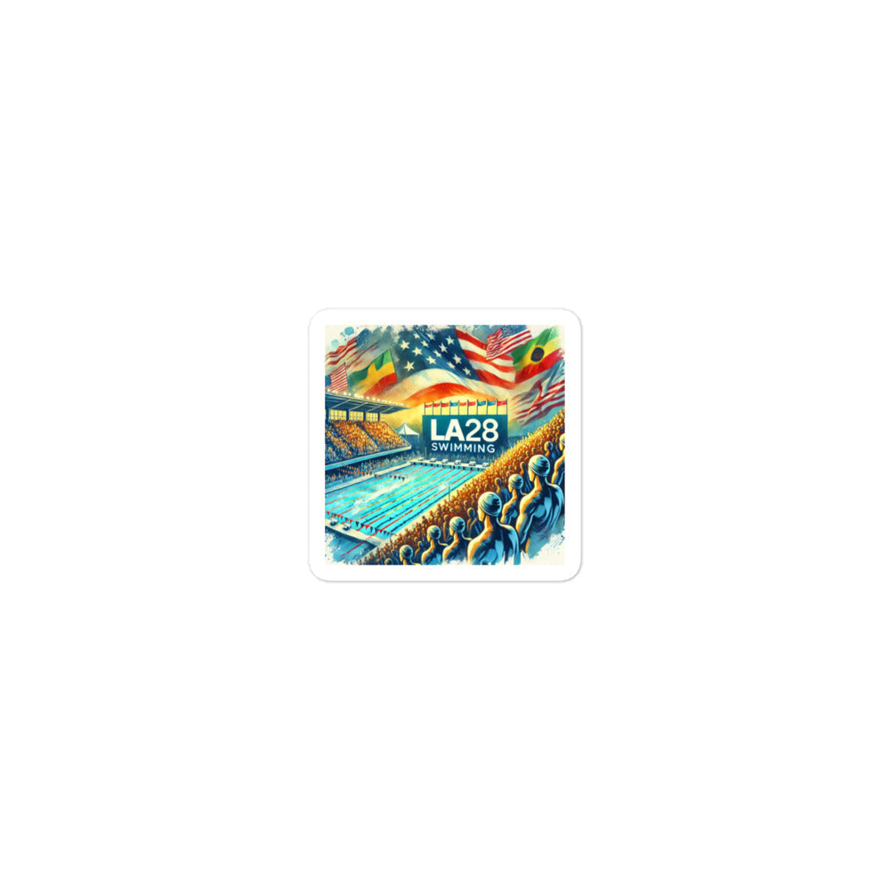 Vibrant Watercolor LA28 Swimming Crowd Logo | Energetic Olympic Swimming Art Bubble-free stickers
