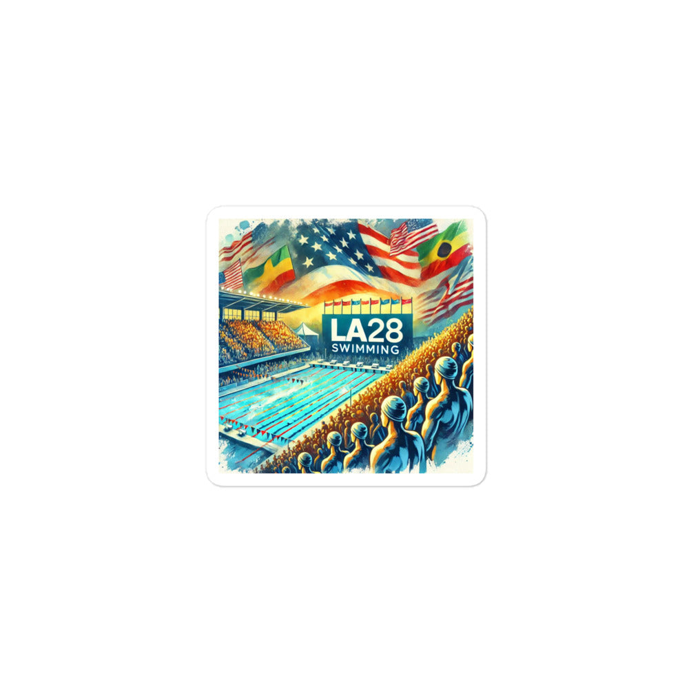 Vibrant Watercolor LA28 Swimming Crowd Logo | Energetic Olympic Swimming Art Bubble-free stickers