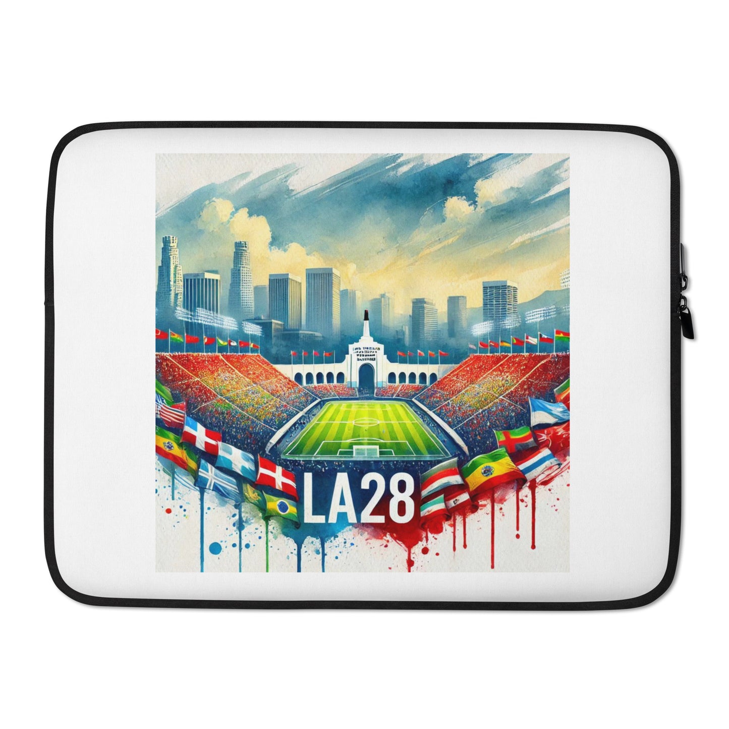 Watercolor Logo Featuring Flags of Nations at Los Angeles Memorial Coliseum Laptop Sleeve