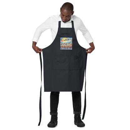 Watercolor Los Angeles Ocean, Beach Scene with LA28 Sign and Live Rock and Roll Band Apron