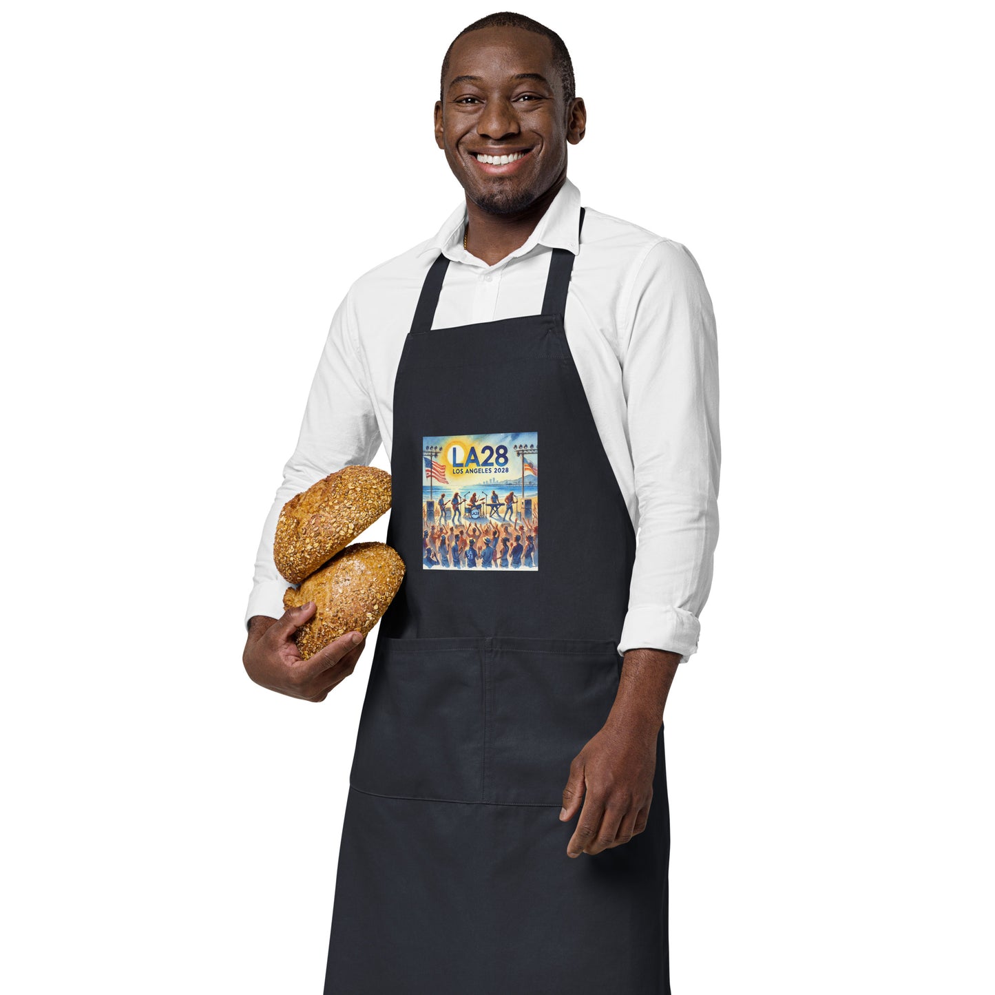 Watercolor Los Angeles Ocean, Beach Scene with LA28 Sign and Live Rock and Roll Band Apron