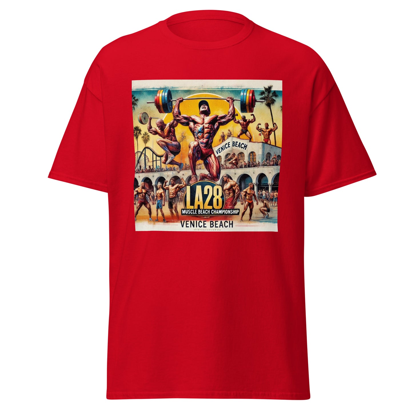 LA28 - Vibrant Muscle Beach Championship - Venice Beach Men's Competition | Southern California Art T-shirt