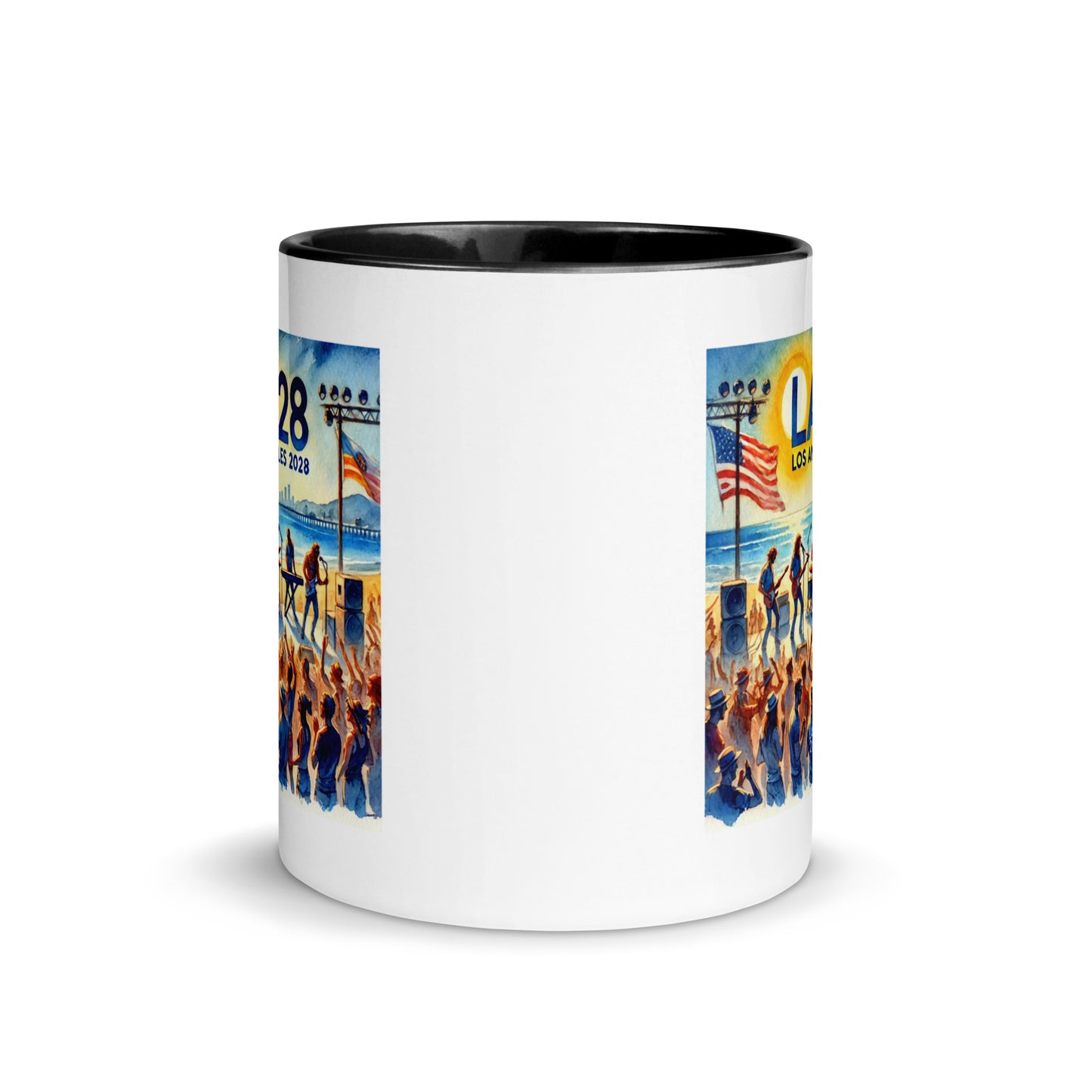 Watercolor Los Angeles Ocean, Beach Scene with LA28 Sign and Live Rock and Roll Band Color Mug