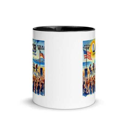Watercolor Los Angeles Ocean, Beach Scene with LA28 Sign and Live Rock and Roll Band Color Mug