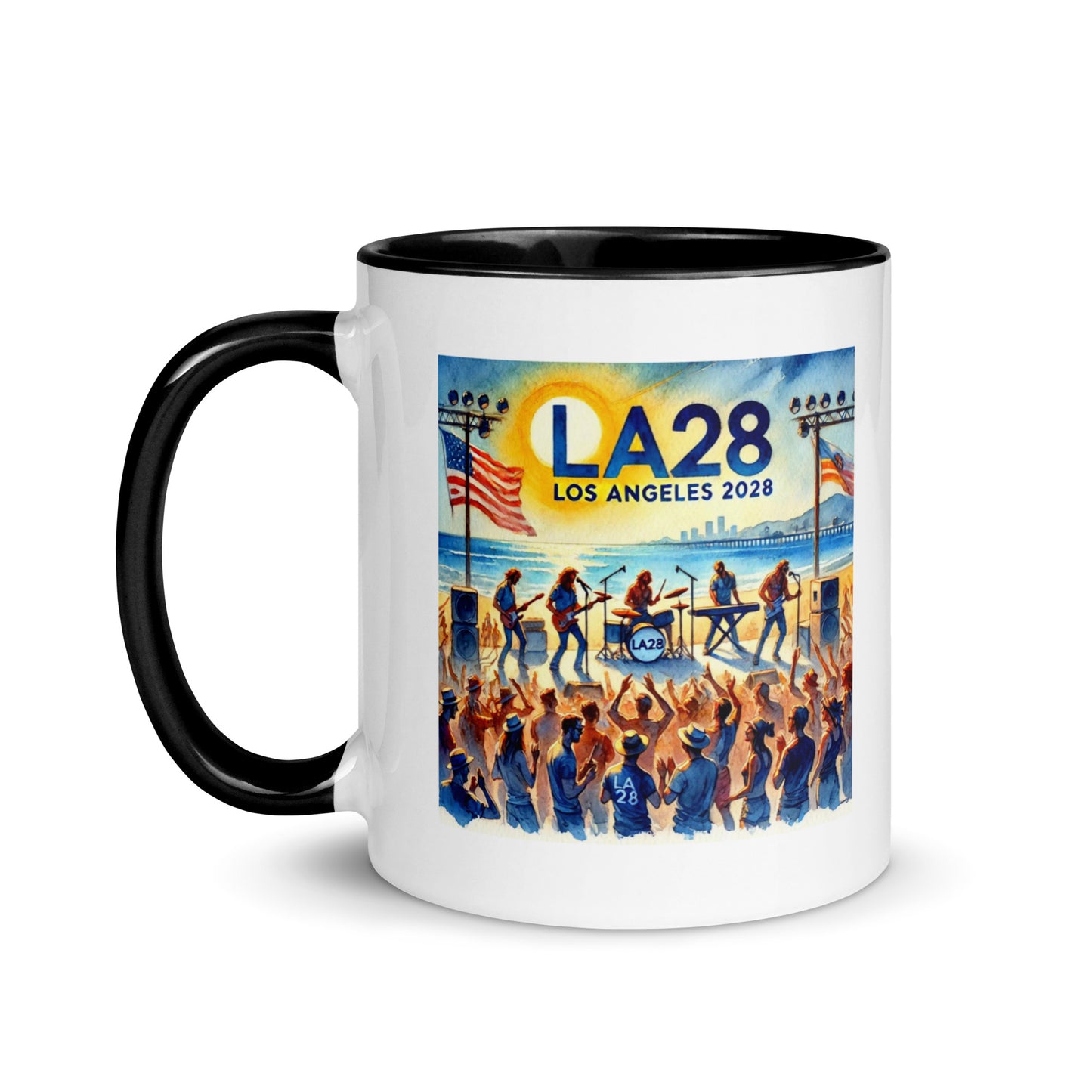 Watercolor Los Angeles Ocean, Beach Scene with LA28 Sign and Live Rock and Roll Band Color Mug