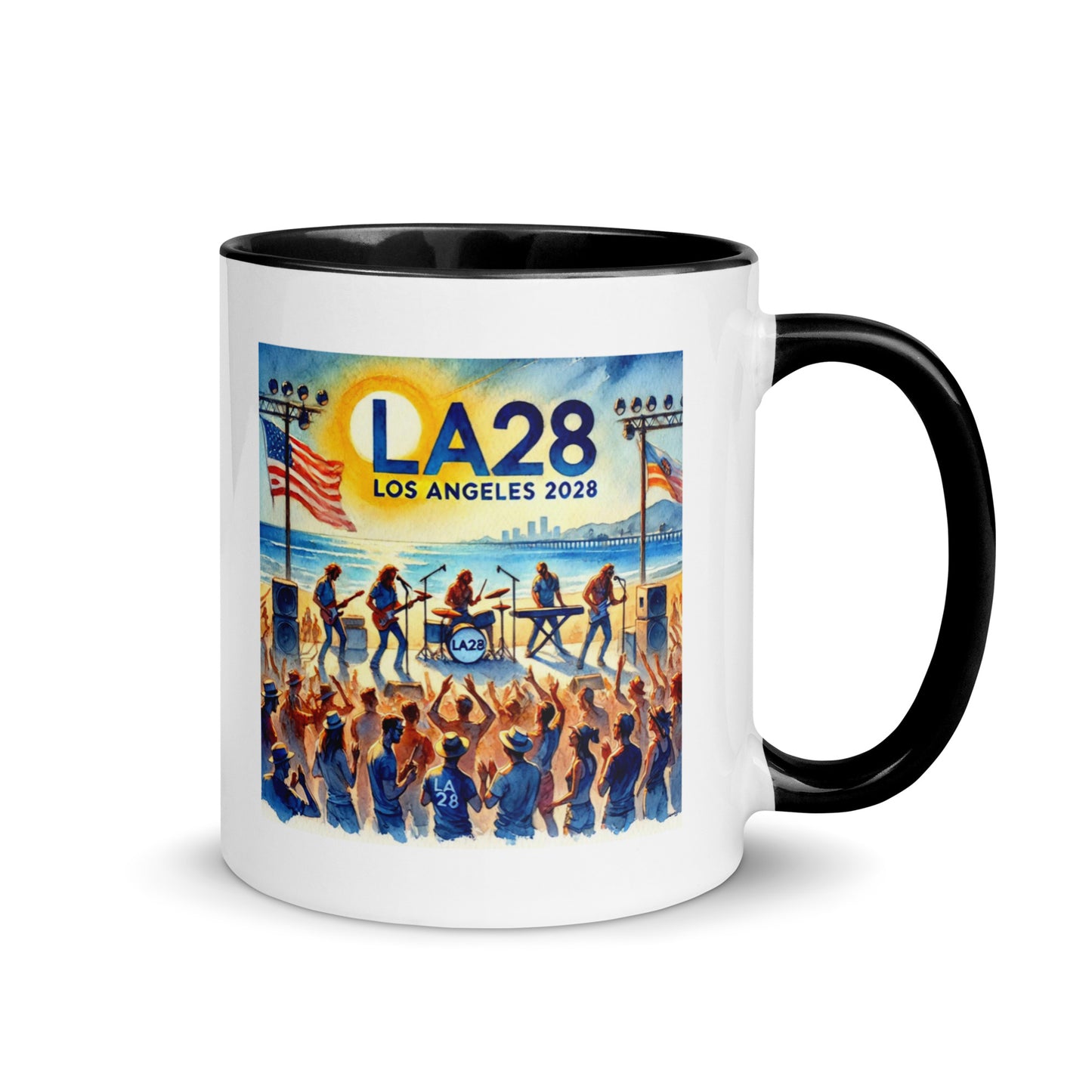 Watercolor Los Angeles Ocean, Beach Scene with LA28 Sign and Live Rock and Roll Band Color Mug
