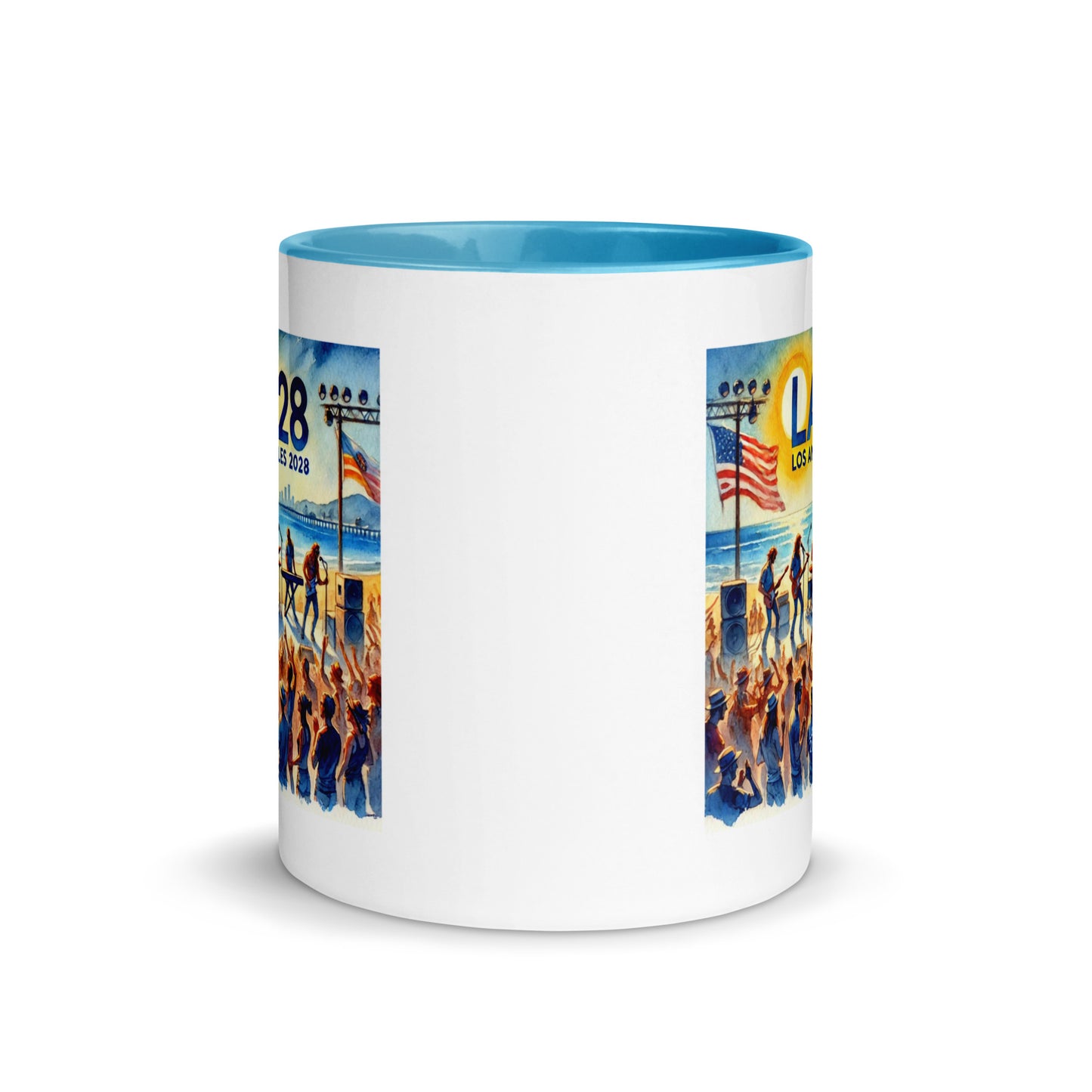 Watercolor Los Angeles Ocean, Beach Scene with LA28 Sign and Live Rock and Roll Band Color Mug