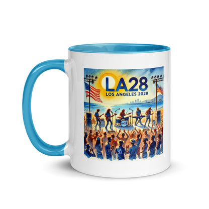 Watercolor Los Angeles Ocean, Beach Scene with LA28 Sign and Live Rock and Roll Band Color Mug