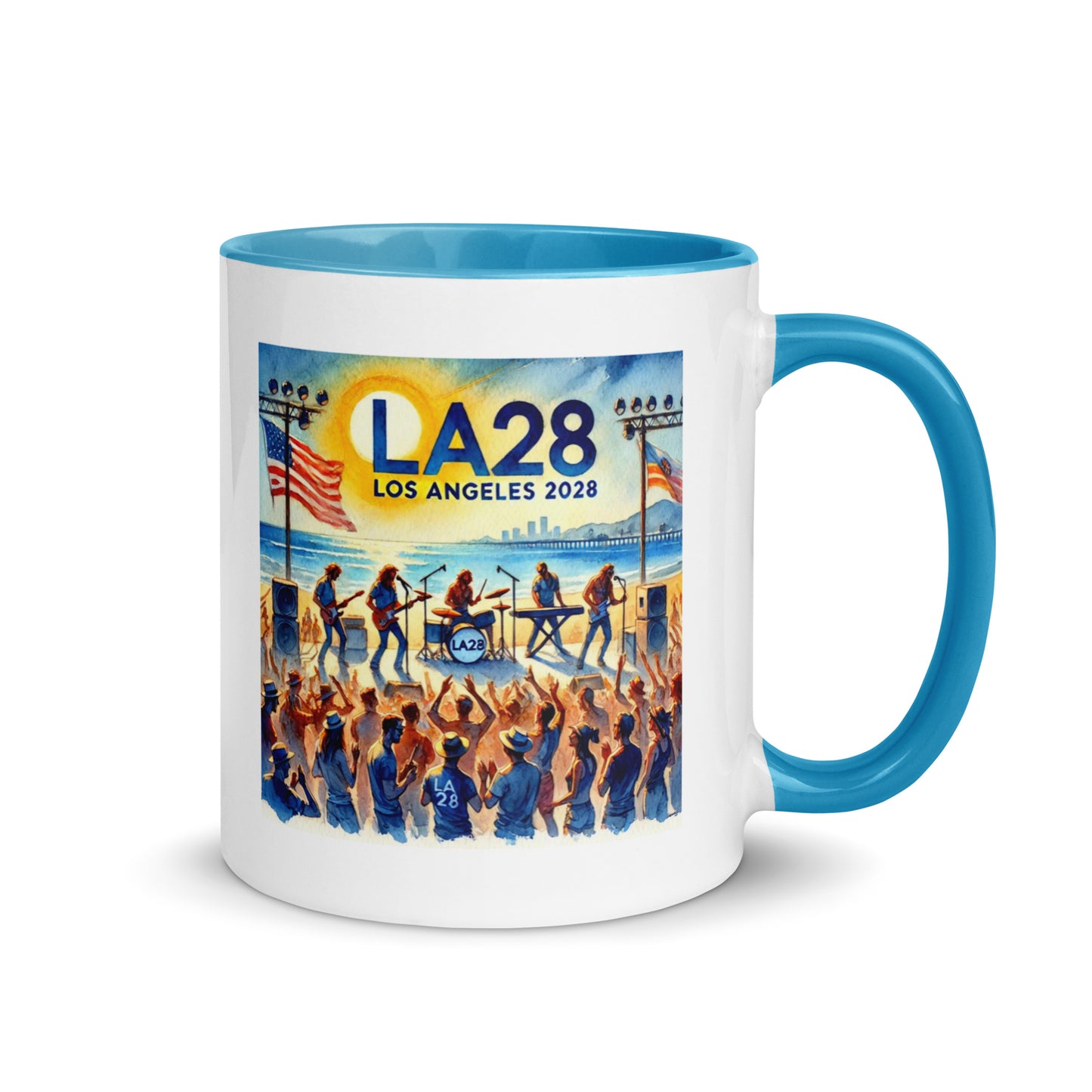 Watercolor Los Angeles Ocean, Beach Scene with LA28 Sign and Live Rock and Roll Band Color Mug