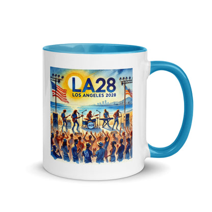 Watercolor Los Angeles Ocean, Beach Scene with LA28 Sign and Live Rock and Roll Band Color Mug
