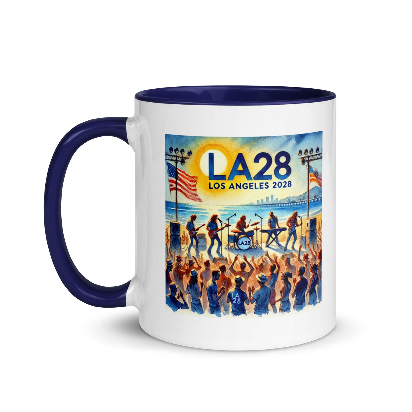 Watercolor Los Angeles Ocean, Beach Scene with LA28 Sign and Live Rock and Roll Band Color Mug